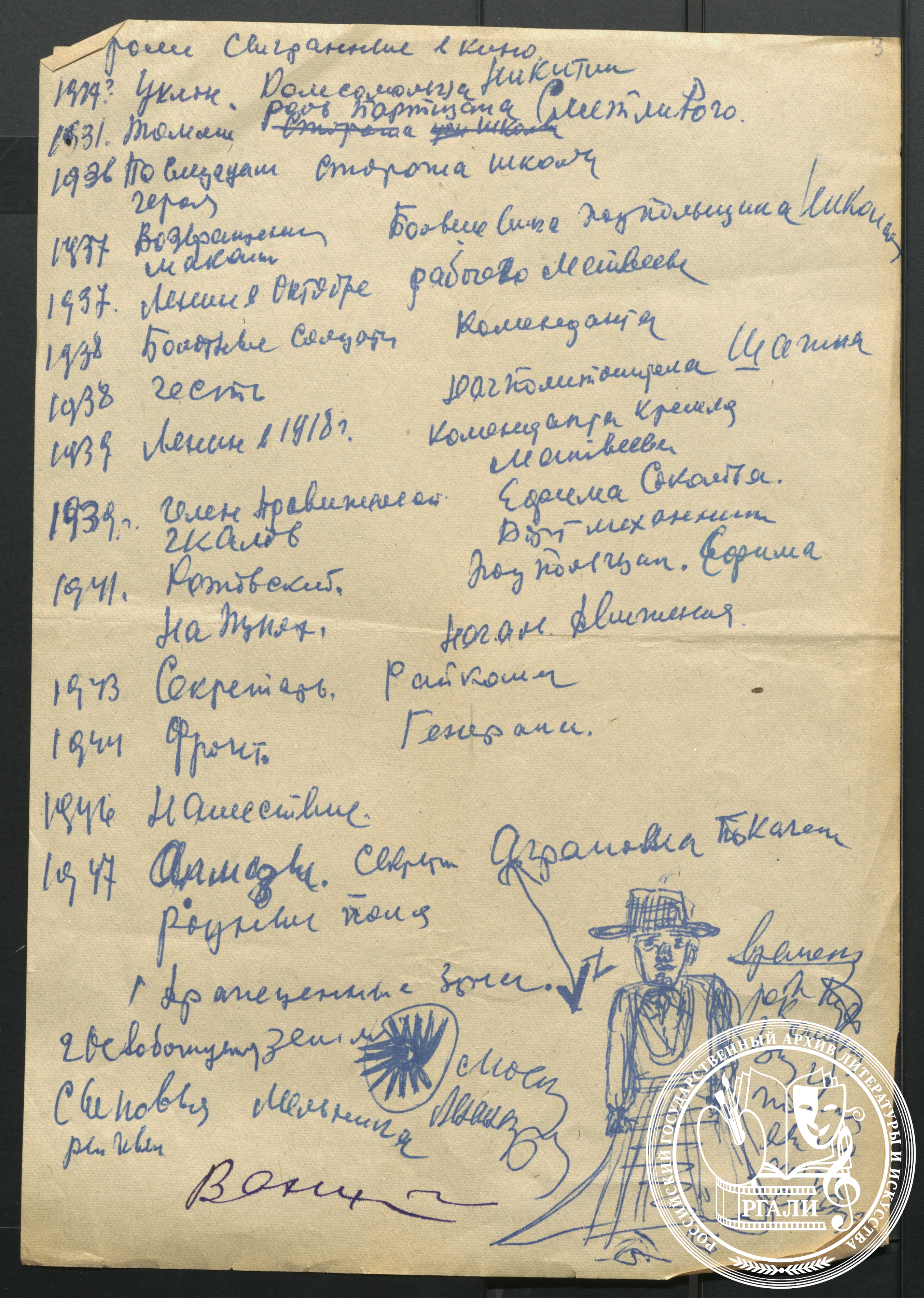 Список ролей, сыгранных В.В. Ваниным в кино. Конец 1940-х гг. РГАЛИ. Ф. 2054. Оп. 1. Автограф В.В. Ванина.