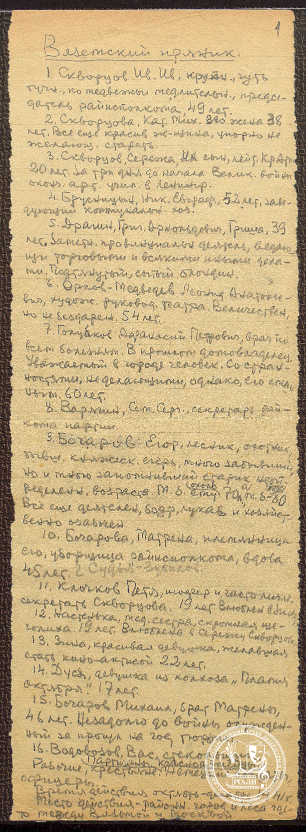 Список действующих лиц к пьесе П.Ф. Нилина «Вяземский пряник».  1942–1943 гг. РГАЛИ. Ф. 2883. Оп. 1. Черновой автограф.